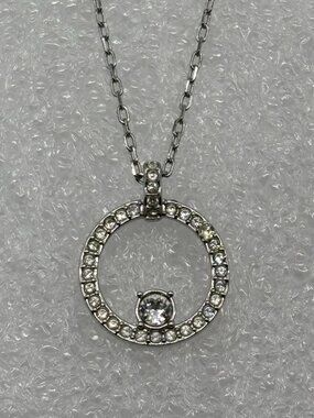 Swarovski Circle Pendant Necklace Pave Clear Crystals Rhodium Plated Silver Tone
